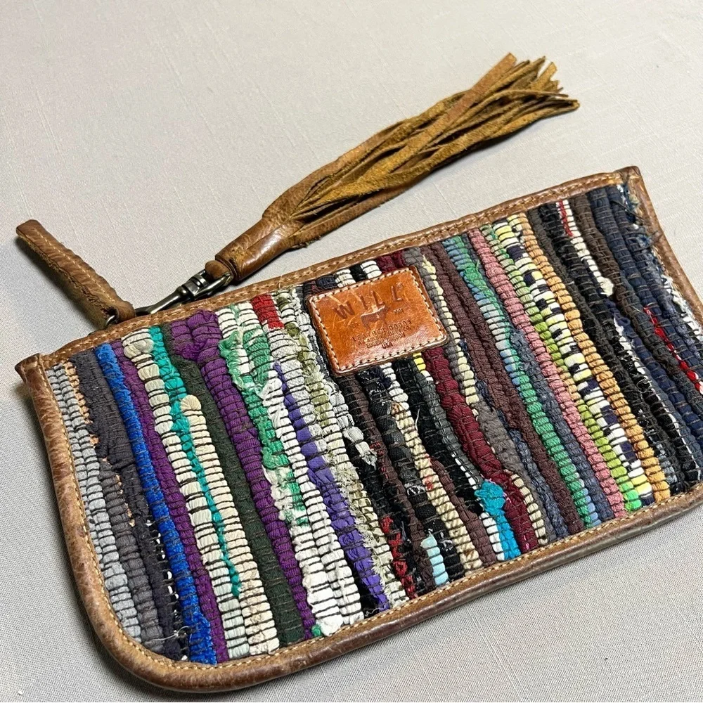 Will Leather Goods Woven Boho Clutch Wristlet • Leather Trim • Multicolor